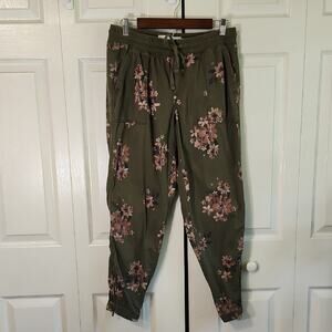 Sonoma Womens Army Green Floral Joggers Size Med Tie Elastic Waist Zip Ankle
